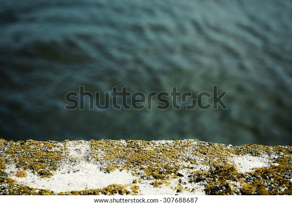 Algae and Mold On A damaged concrete wall and\
beautiful sea.