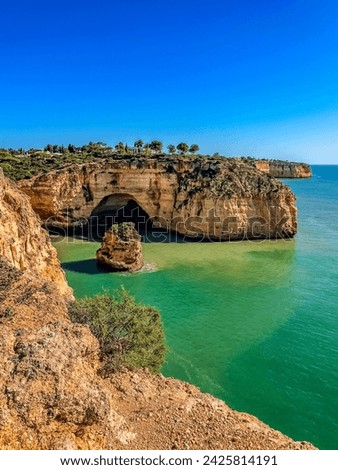 Algar Seco, Carvoeiro Coast, Portugal, Algarve. Rocks, rocky shore, yellow rocks, coquina, beautiful coastline