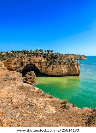 Algar Seco, Carvoeiro Coast, Portugal, Algarve. Rocks, rocky shore, yellow rocks, coquina, beautiful coastline