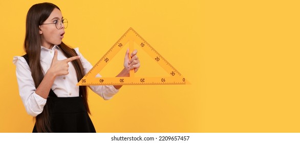 Algebra And Geometry. Kid Glasses Study Math. Angle Degree Measurement. Banner Of School Girl Student. Schoolgirl Pupil Portrait With Copy Space.