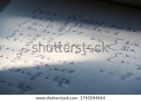 Algebra and trigonometry. Handwritten tasks for exams. equation solution. Theorem and proof in science and mathematics. University preparation. Math Examination in college. Knowledge is power. Formula