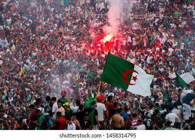 Algeria, Algiers - July 19 2019 : Thousands Of Algerians Fans Celebrating Winning Of The Africa Cup Of Nations 2019 Over Senegal.