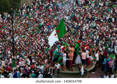 Algeria, Algiers - July 19 2019 : Thousands Of Algerians Fans Celebrating Winning Of The Africa Cup Of Nations 2019 Over Senegal.