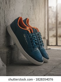 ALGERIA - September 26 , 2020 A Pair Of Puma Ralph Sampson Shoes Blue And Orange 