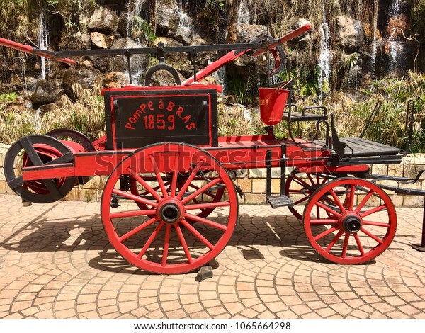 ALGIERS, ALGERIA - APRIL 10, 2018: a vintage\
fire engine is on display at the garden of national museum civil\
protection in Hydra district\
Algiers.