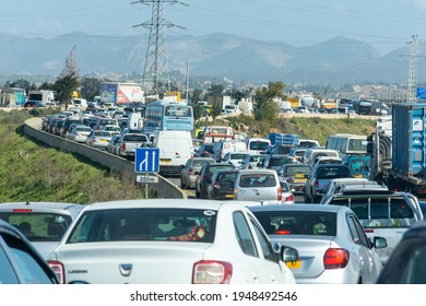 Algiers - Algeria, March 18, 2021: Back View Of Traffic Jam On The Highway 