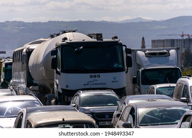 Algiers - Algeria, March 18, 2021: Front View Of Traffic Jam On The Highway 