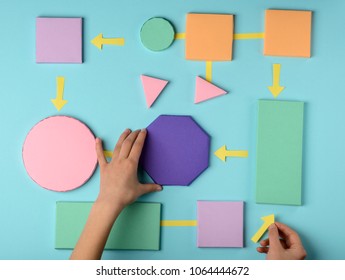 Algorithm color paper model, flat lay. Organizational skills, business strategy concept.