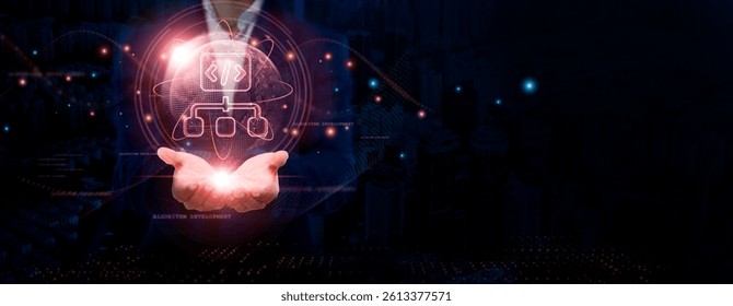 Algorithm Development Businessman Holding Global Structure Networking and Data Connectivity, Optimization, Automation, Machine Learning, and Social Network