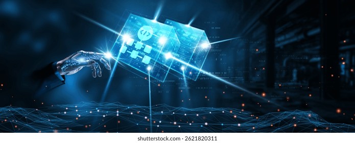 Algorithm Development: Businessman mechanical robotic hand touching algorithm development network technology on interface. Data analysis, machine learning, automation, efficiency concept.