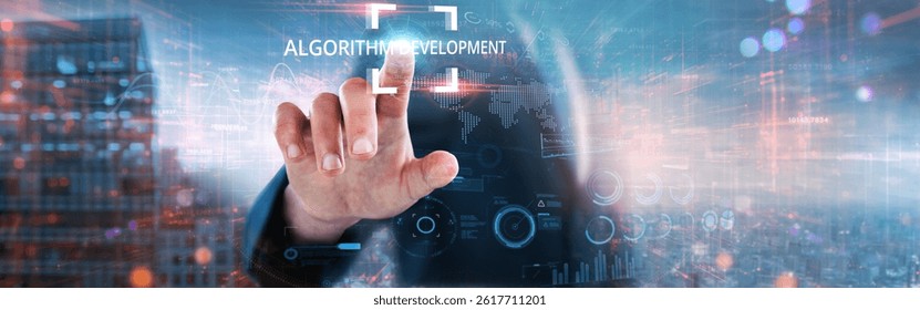 Algorithm Development: Businessman touches futuristic data and global network, data processing, machine learning, predictive modeling, optimization techniques, artificial intelligence, and automation. - Powered by Shutterstock - Get 15% off with code: PIKWIZARD15