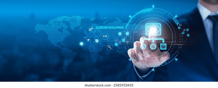 Algorithm Development concept: Businessman touching algorithm icon on virtual interface, data analysis, optimization, machine learning, predictive modeling, efficiency, automation.