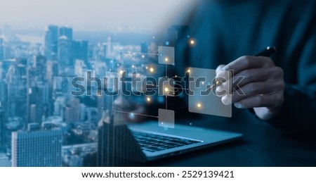 algorithm diagram flow on a computer laptop. hierarchy scheme, model work structure digital. concept of design workflow automation with flowcharts, business processes, and data management organigram
