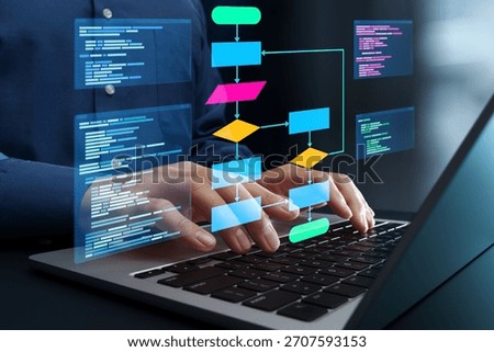 Algorithm flowchart and process diagram. Programming and source code. Programmer using computer for software engineering.