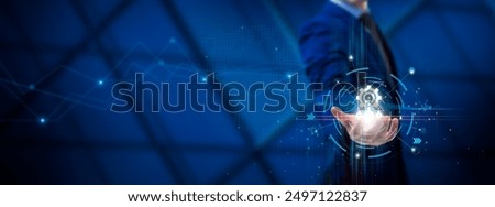 Algorithm: Innovation, Efficiency, Data Processing, Analytics. Businessman holds Algorithmic Solutions on Global Structure Network and Technological Interface.