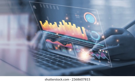 Algorithm. marketing and deep learning of artificial intelligence. A programmer using a laptop analyzes and develops various information on a futuristic virtual interface screen. 