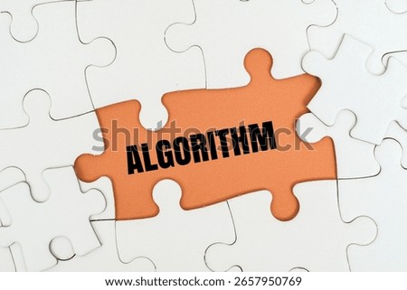 ALGORITHM word alphabet letters on puzzle. Symbolizing problem-solving and technology