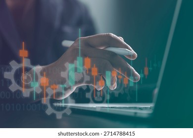 Algorithmic trading workflow is shown with candlestick data and process gears guiding automated strategy modeling testing and reliable execution