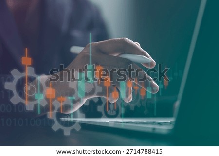 Algorithmic trading workflow is shown with candlestick data and process gears guiding automated strategy modeling testing and reliable execution