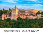 The Alhambra aerial panoramic view. The Alhambra is a fortress complex located in Granada city, Andalusia region in Spain.