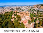 The Alhambra aerial panoramic view. The Alhambra is a fortress complex located in Granada city, Andalusia region in Spain.