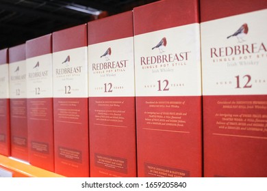 Alhambra, California, United States - 02-19-2020: A View Of Several Bottle Cases For RedBreast Single Pot Still Irish Whiskey, On Display At A Local Big Box Grocery Store.