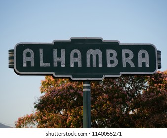 Alhambra, California, United States - July 22, 2018. Sign for the entrance to the city of Alhambra, California.