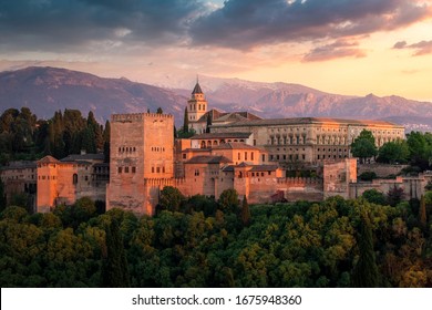 Alhambra fortification at dusk, Granada, Andalusia, Spain