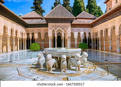 Alhambra, Granada, Spain - 30 March 2019: Famous Lion Fountain - Alhambra Palace, Granada, Spain.