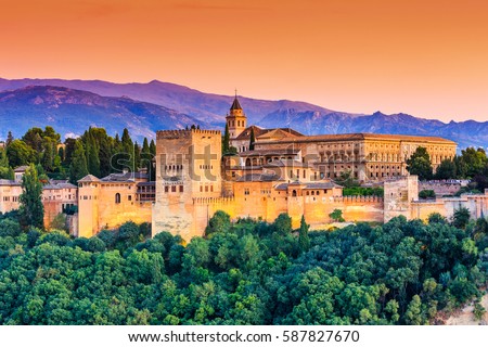 Alhambra of Granada, Spain. Alhambra fortress at sunset.