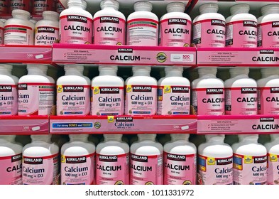 ALHAMBRA/CALIFORNIA - JAN. 19, 2018: Boxes Of Calcium Supplements Stacked Upon One Another In A Superstore. Alhambra, California USA