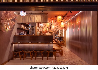 Alicante, Spain - April 21, 2022: View Of The Interior Of A Small Asian Restaurant In The City Center