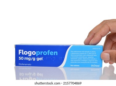 Alicante, Spain - May 17, 2022: Hand On Flogoprofen 50 Mg Gel Pain Relief Product By Chiesi An Italian Family Controlled Global Pharmaceutical Company Based In Parma, Emilia-Romagna.