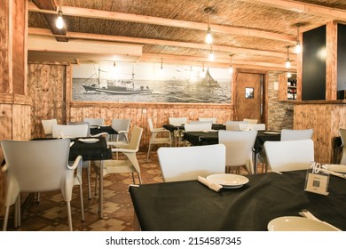 Alicante, Spain- May 6, 2022: Empty Restaurant In Arenales Del Sol Beach With Beautiful Rustic Style