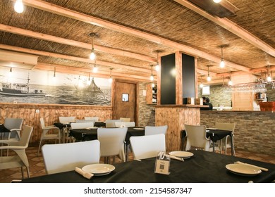 Alicante, Spain- May 6, 2022: Empty Restaurant In Arenales Del Sol Beach With Beautiful Rustic Style