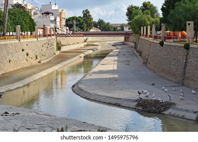 Alicante Valencia Spain September 4 2019 River Channel Of The Segura In Rojales Showing Capacity To Absorb Storm Surge Water With Some Wildfowl In The Foreground
