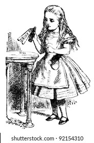 Alice is picking up a small bottle. Engraving by John Tenniel (United Kingdom, 1872). Illustration from book ""Alice's Adventures in Wonderland", publisher "Nauka" Moscow, USSR, 1979
