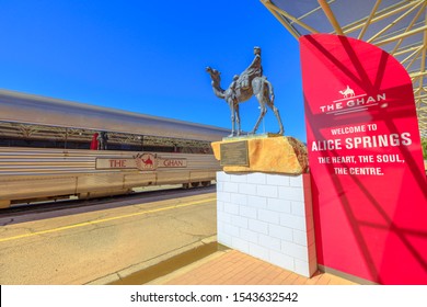 Alice Springs, Northern Territory, Australia - Aug 29, 2019: The Ghan Memorial: Statue Of Afghan Worker And Camel And Arrival Of Legendary Train The Ghan In Alice Springs Train Station.