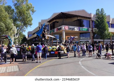 Alice Springs, Northern Territory, Australia, August 20, 2022. People Watching A Street Parade On The Move