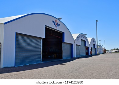 ALICE SPRINGS, NT, NOVEMBER 21:  Hangars Of Royal Flying Doctor Service On Outback Airport In Northern Territory, On November 21, 2017 In Alice Springs, Australia