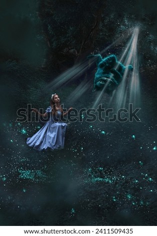 Alice in Wonderland, a cute young girl sits in a fairy forest in the company of a Cheshire cat, a fairy tale in a dark forest