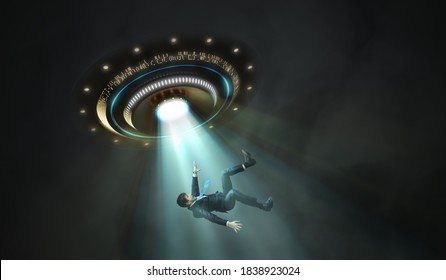 Alien abduction concept. Young man is abducted by UFO.