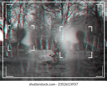 Alien, extraterrestrial and viewfinder on a camera display to record a living organism in area 51. Camcorder, sighting and conspiracy with a life form on a recording screen outdoor in the forest