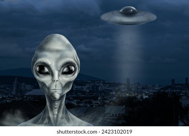 Alien and flying saucer at city. UFO, extraterrestrial visitors