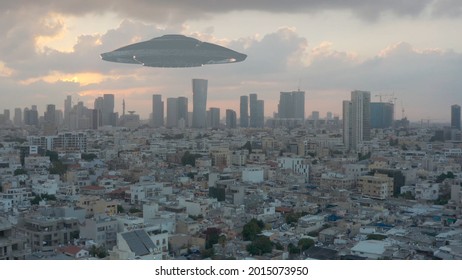 Alien Invasion Over Large City Aerial View
Large Mother Ship Over Tel Aviv City,drone View 

