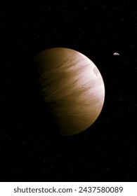 Alien planet with asteroid in orbit. Stone planet from another star system. Realistic exoplanet with a dense atmosphere.