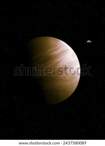 Alien planet with asteroid in orbit. Stone planet from another star system. Realistic exoplanet with a dense atmosphere.