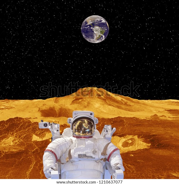 Alien planet landscape. Astronaut.\
Stars. The elements of this image furnished by\
NASA.\
