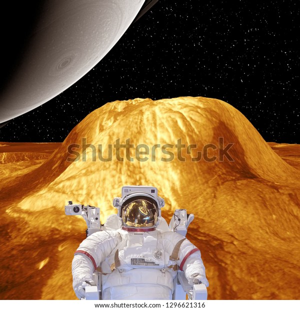 Alien planet landscape. Astronaut.\
Stars. The elements of this image furnished by\
NASA.\
