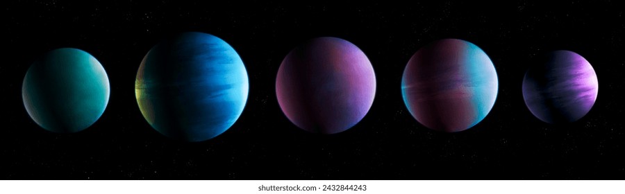 Alien planets in order. Composite image of five exoplanets. Set of realistic planets on a black background. Model of a planetary system.